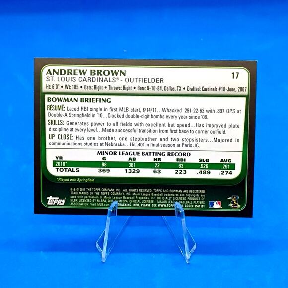 Andrew Brown Rookie Card #17 Topps Bowman 2011 St. Louis Cardinals - Picture 3 of 3